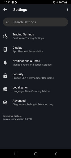 The settings menu on the android phone. 